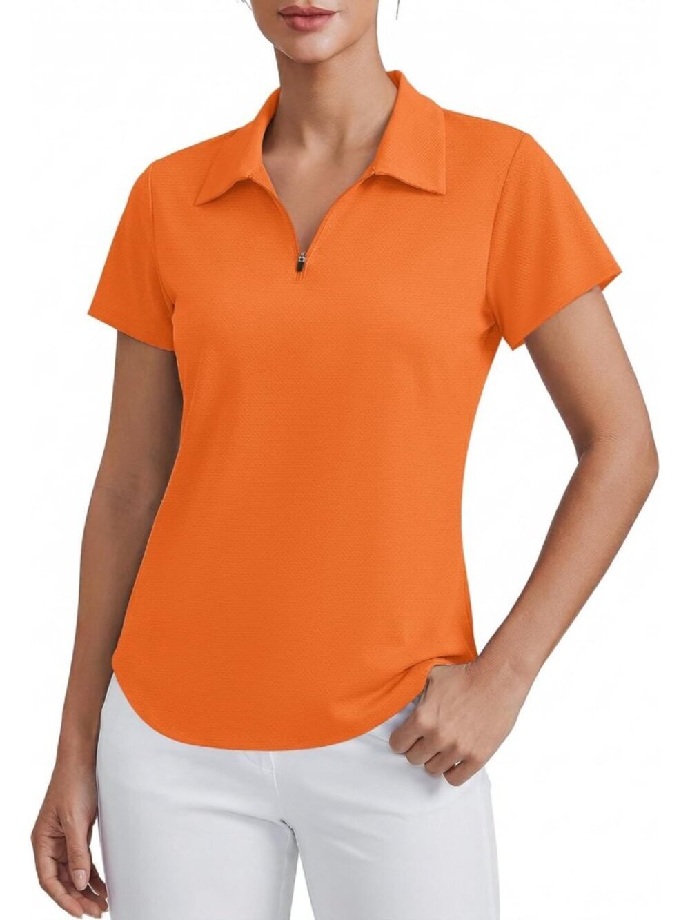 Womens  Orange  Golf Shirt Short Sleeve UPF 50+ Tennis Polo 1/4 Zip Quick Dry++